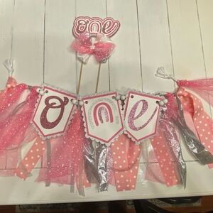 1st Birthday girl pink and silver high chair banner and cake topper. Handmade